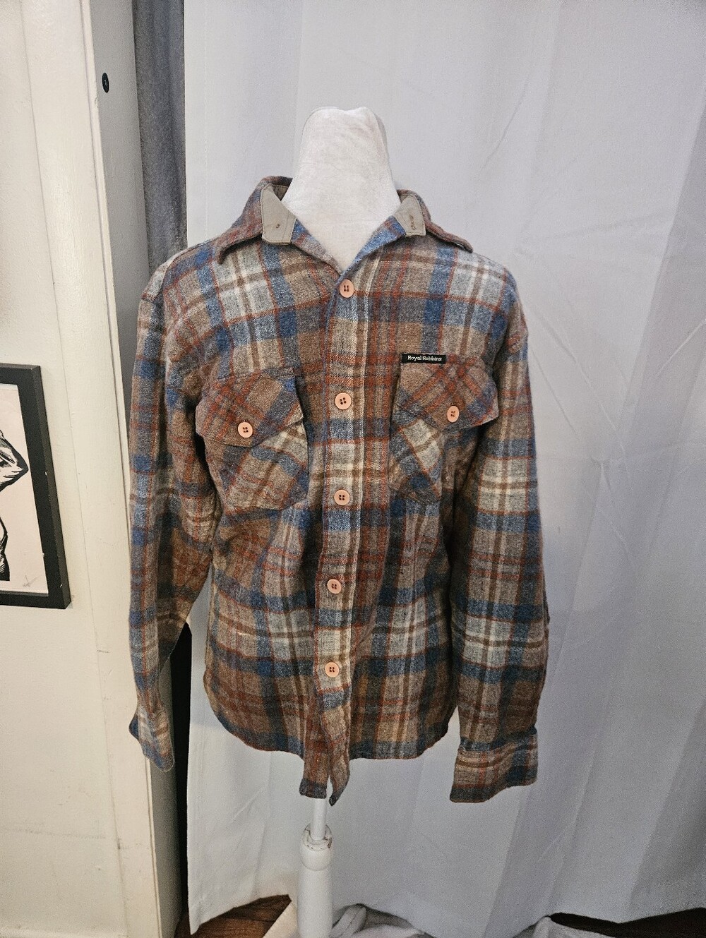 Vintage Royal Robbins Brown Blue Wool Plaid  Shirt Flannel Medium